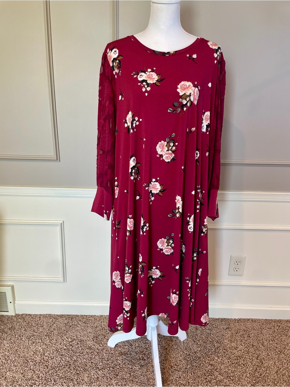 LulaRoe Angela 3X Dress Mixed Media Floral Lace Sleeve Midi Stretch